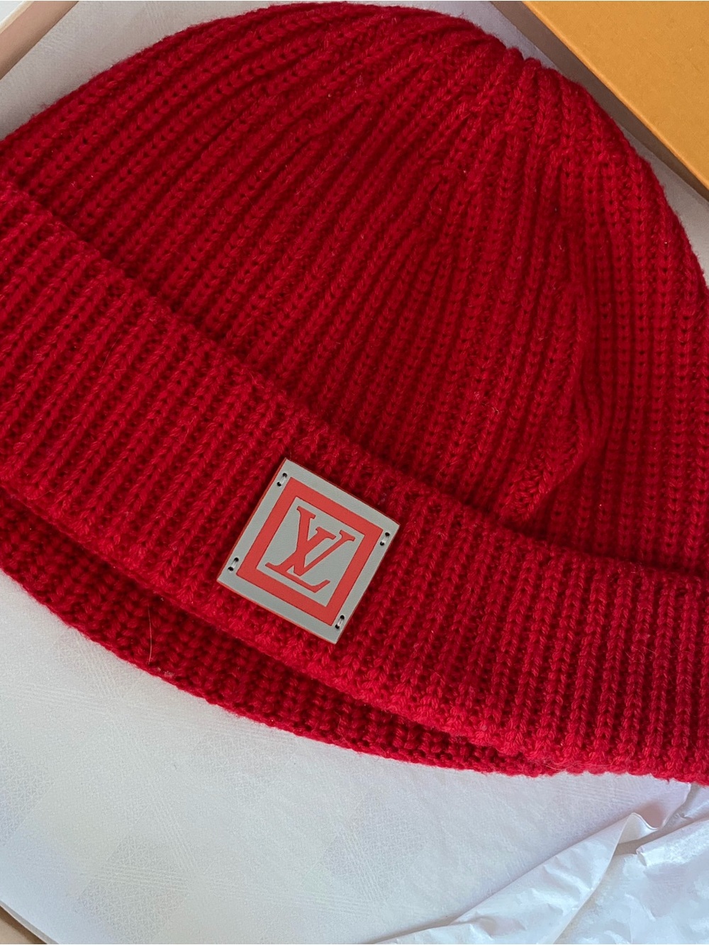 Louis Vuitton Bright Red Knit Beanie with LV Plaque